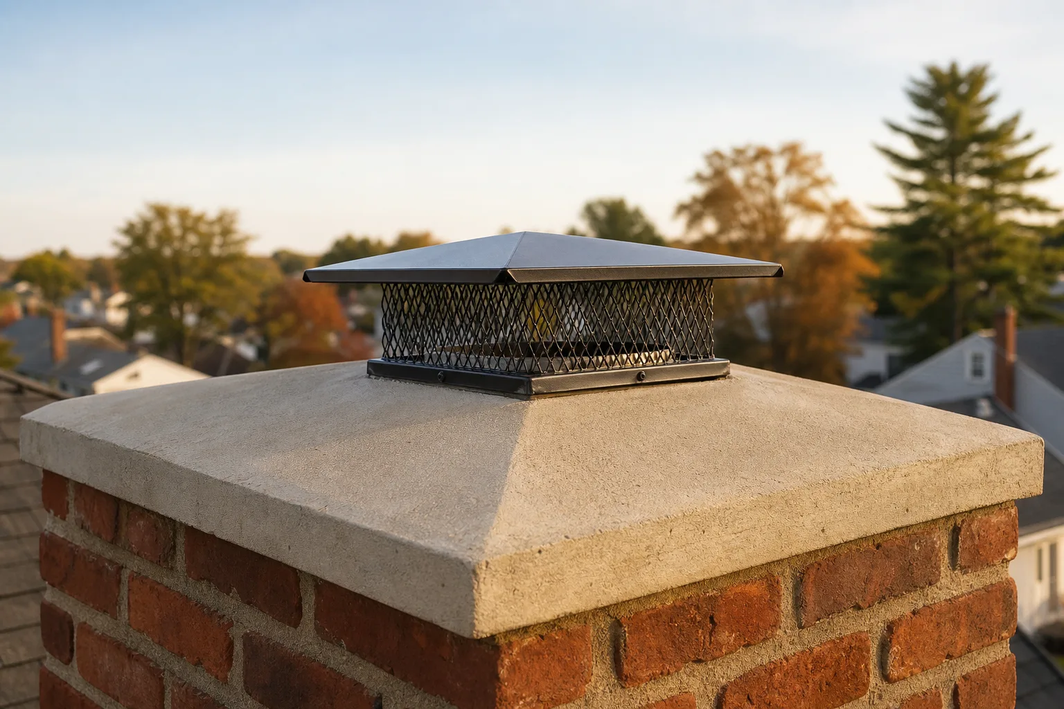 Brick chimney top at roof level with metal cap and sloped concrete crown slab