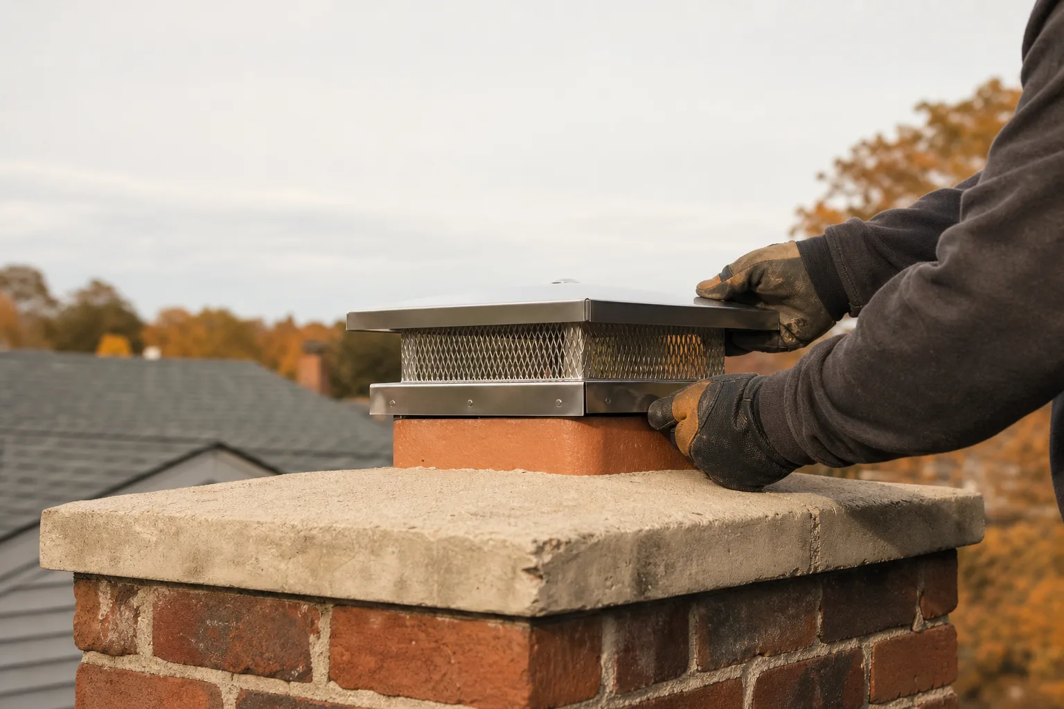 Stainless steel chimney cap with mesh screen being fitted onto a clay flue tile