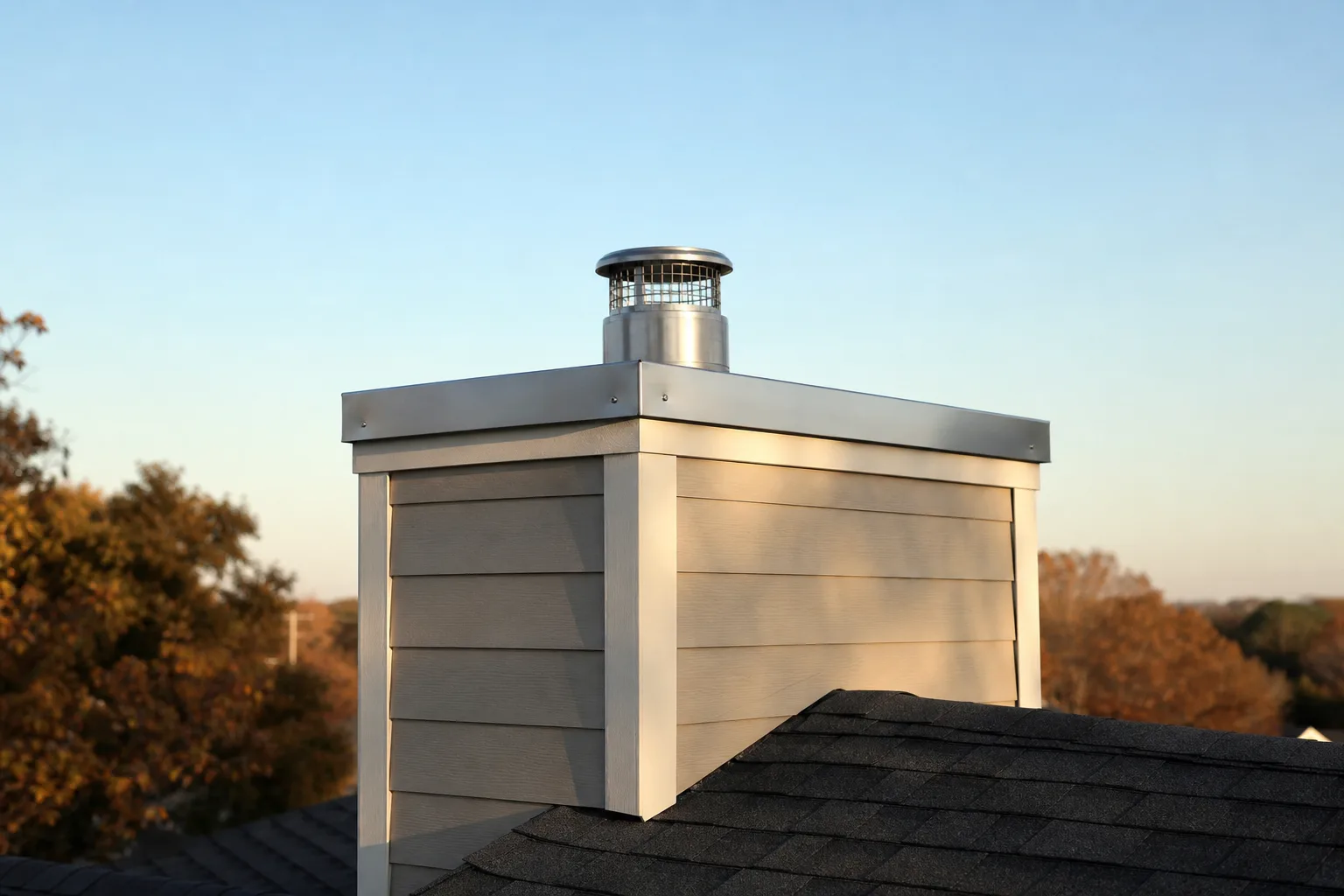Stainless steel chase cover capping a sided prefabricated chimney chase under clear sky Stainless steel chase cover capping a sided prefabricated chimney chase under clear sky
