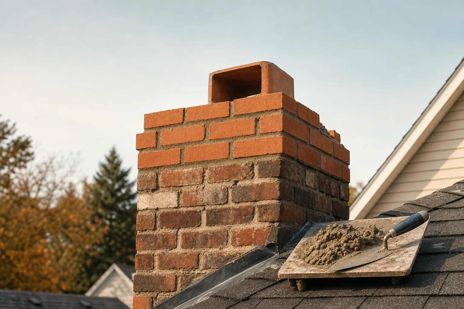 Partly rebuilt chimney stack with new brick courses above weathered ones and a mortar board Partly rebuilt chimney stack with new brick courses above weathered ones and a mortar board