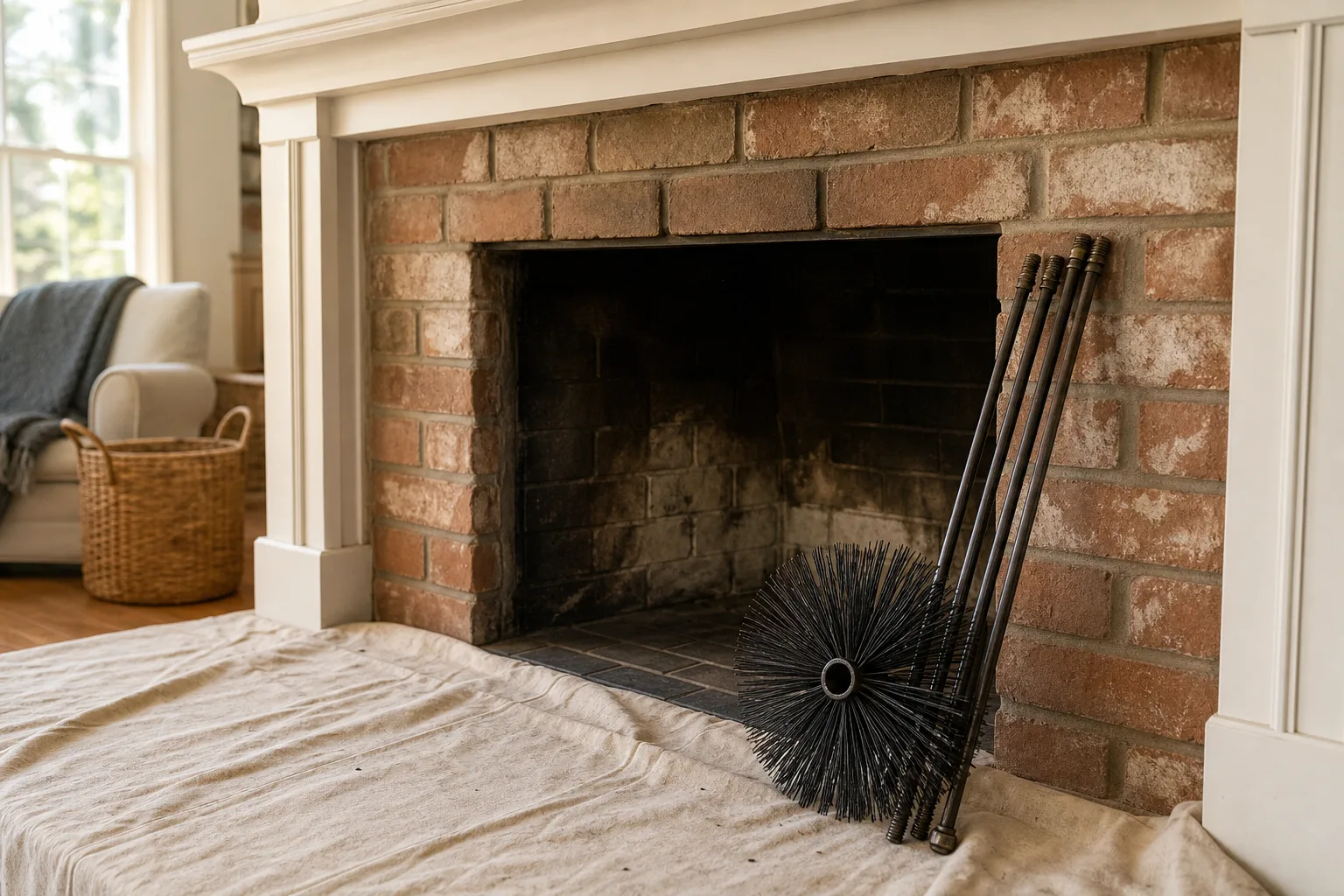 Sweep's brush head and rods leaning against a freshly swept firebox on a drop cloth