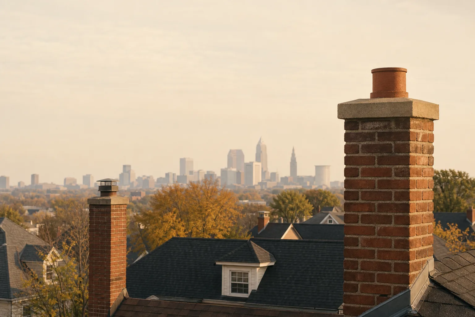Cleveland brick chimneys in the foreground with a hazy downtown skyline behind