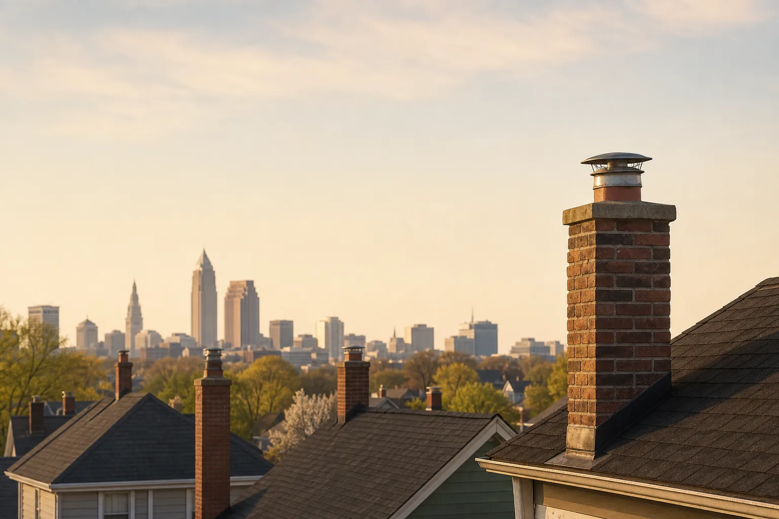 Chimneys along Cleveland rooftop ridgelines with the city skyline soft behind