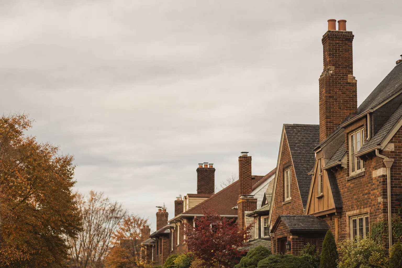Cleveland street of pre-war brick homes with tall chimney stacks under gray sky
