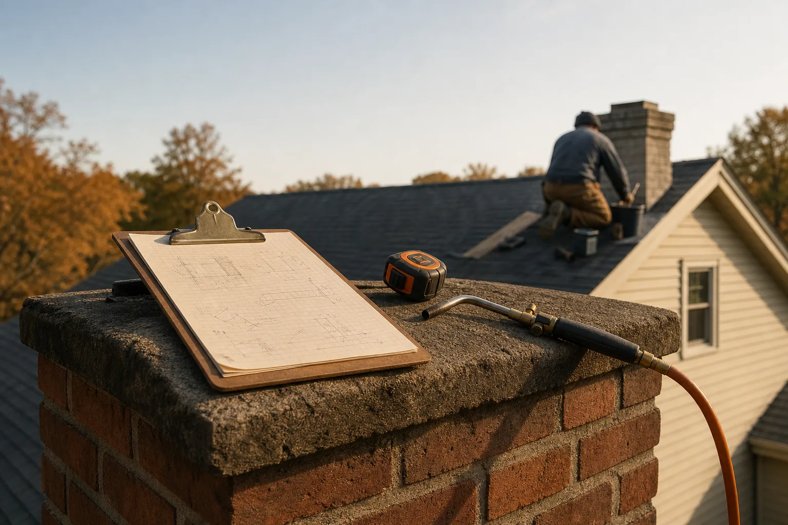 Handwritten estimate on a clipboard resting on a brick hearth beside a tape measure and torch Handwritten estimate on a clipboard resting on a brick hearth beside a tape measure and torch