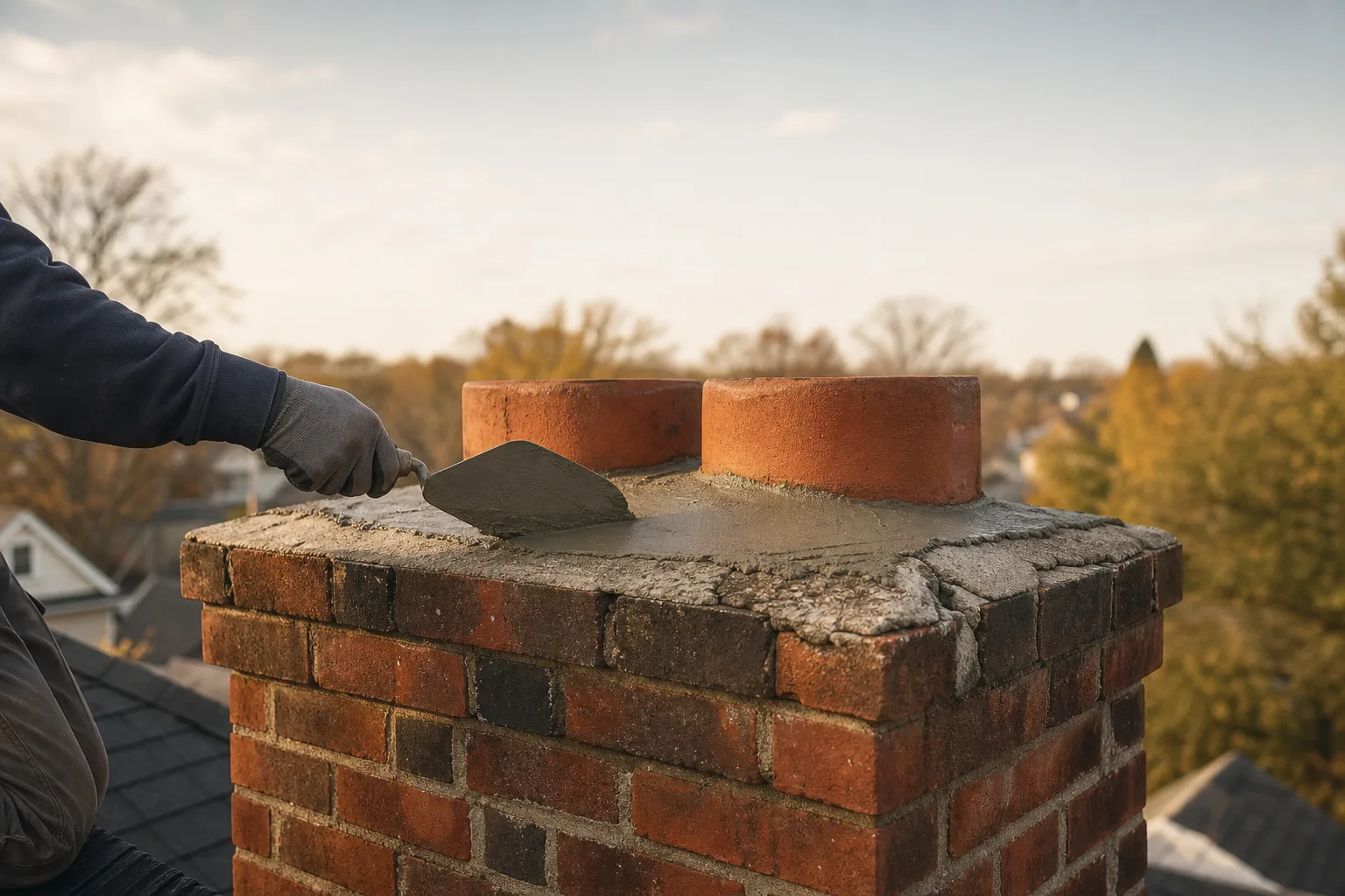 Mason floating fresh mortar across a brick chimney crown, cracked old crown still showing Mason floating fresh mortar across a brick chimney crown, cracked old crown still showing