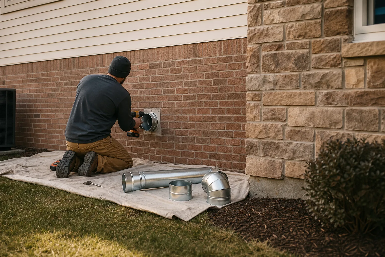 Technician fitting rigid metal dryer duct through an exterior wall above a drop cloth