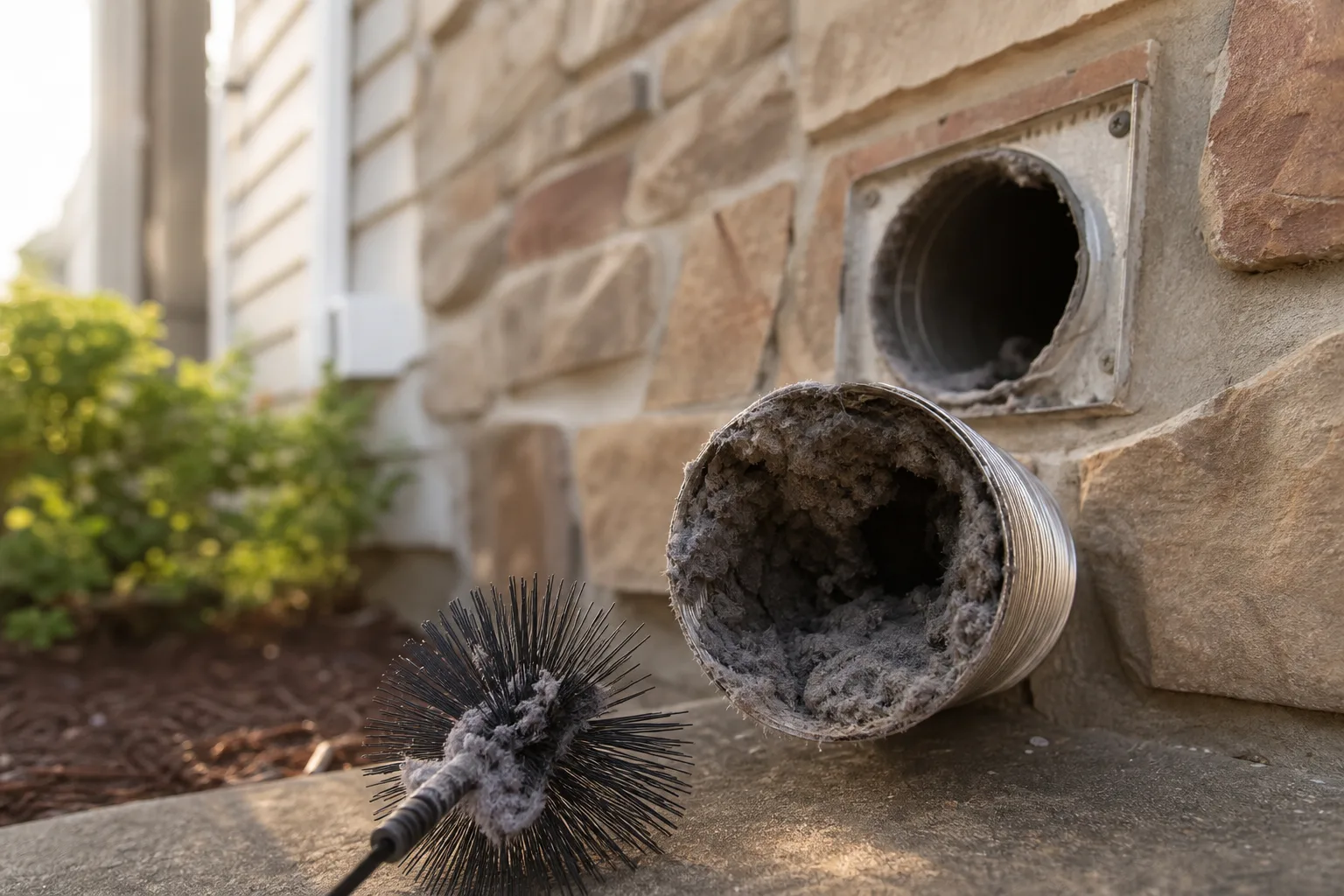Dryer vent duct pulled from the wall showing heavy lint buildup inside