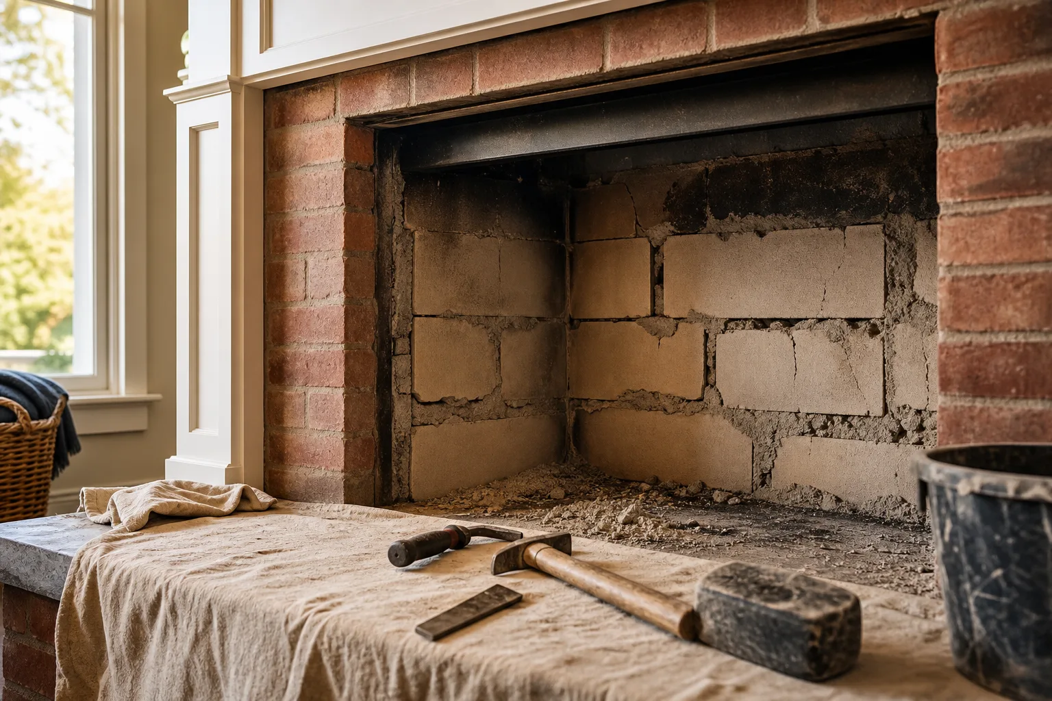 Cracked refractory panels and crumbling joints inside a firebox with repair tools on the hearth
