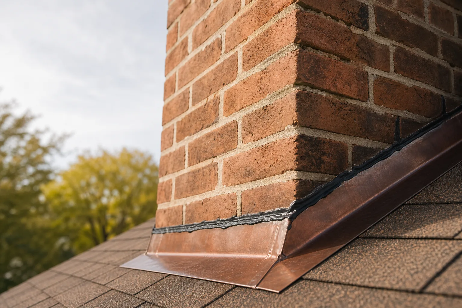 Close view of metal flashing and fresh sealant where a brick chimney meets shingles Close view of metal flashing and fresh sealant where a brick chimney meets shingles