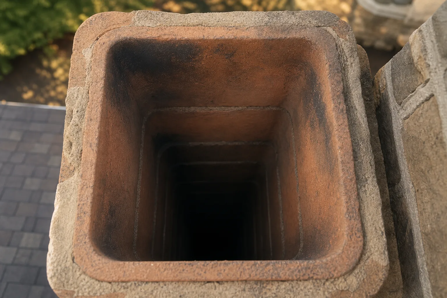 Looking straight down a clay-tile chimney flue at sooty liner joints Looking straight down a clay-tile chimney flue at sooty liner joints
