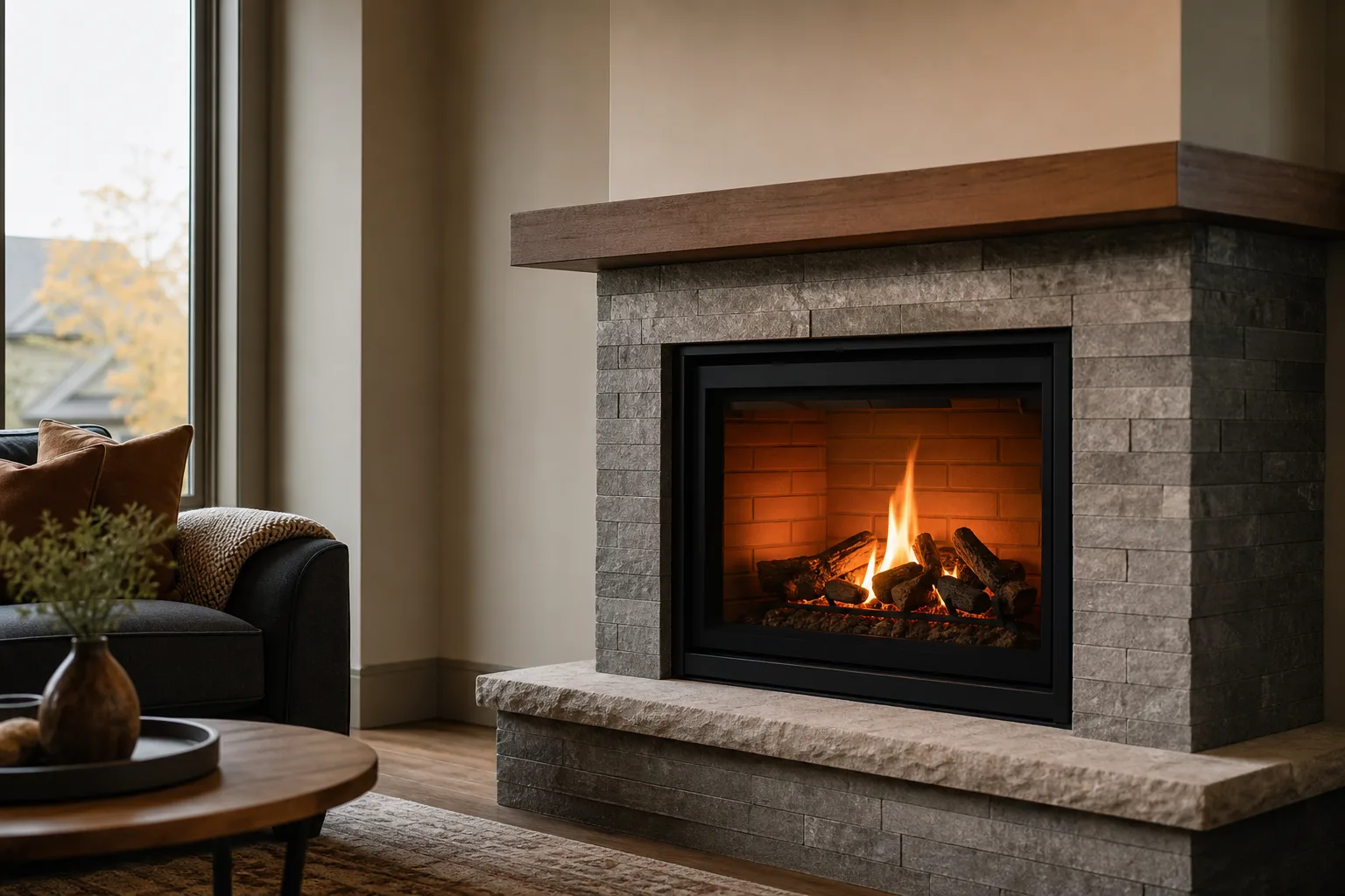 Modern gas fireplace burning behind a glass front in a warm evening living room