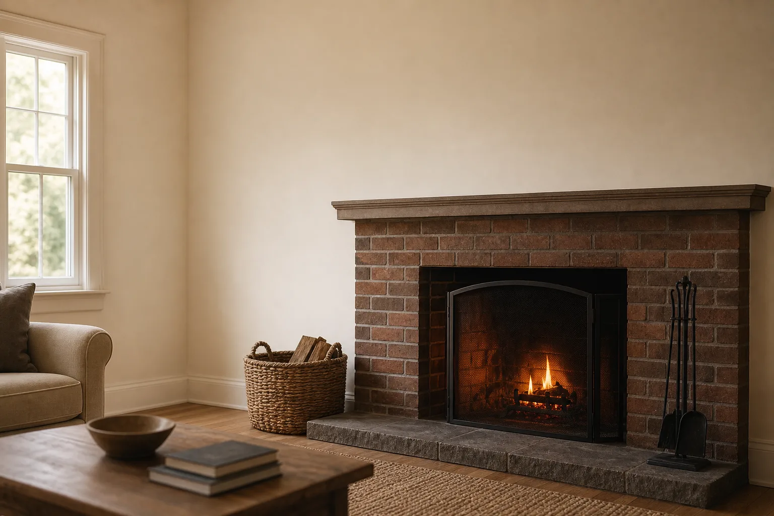Small evening fire burning low behind a screen in a brick hearth Small evening fire burning low behind a screen in a brick hearth