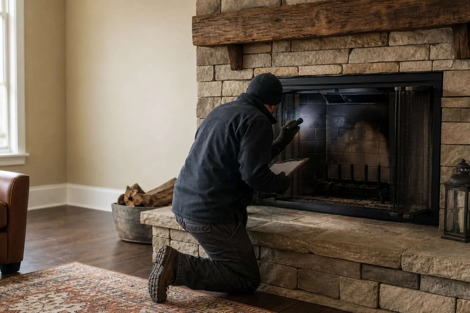 Technician kneeling at an open fireplace with flashlight and clipboard, checking the damper