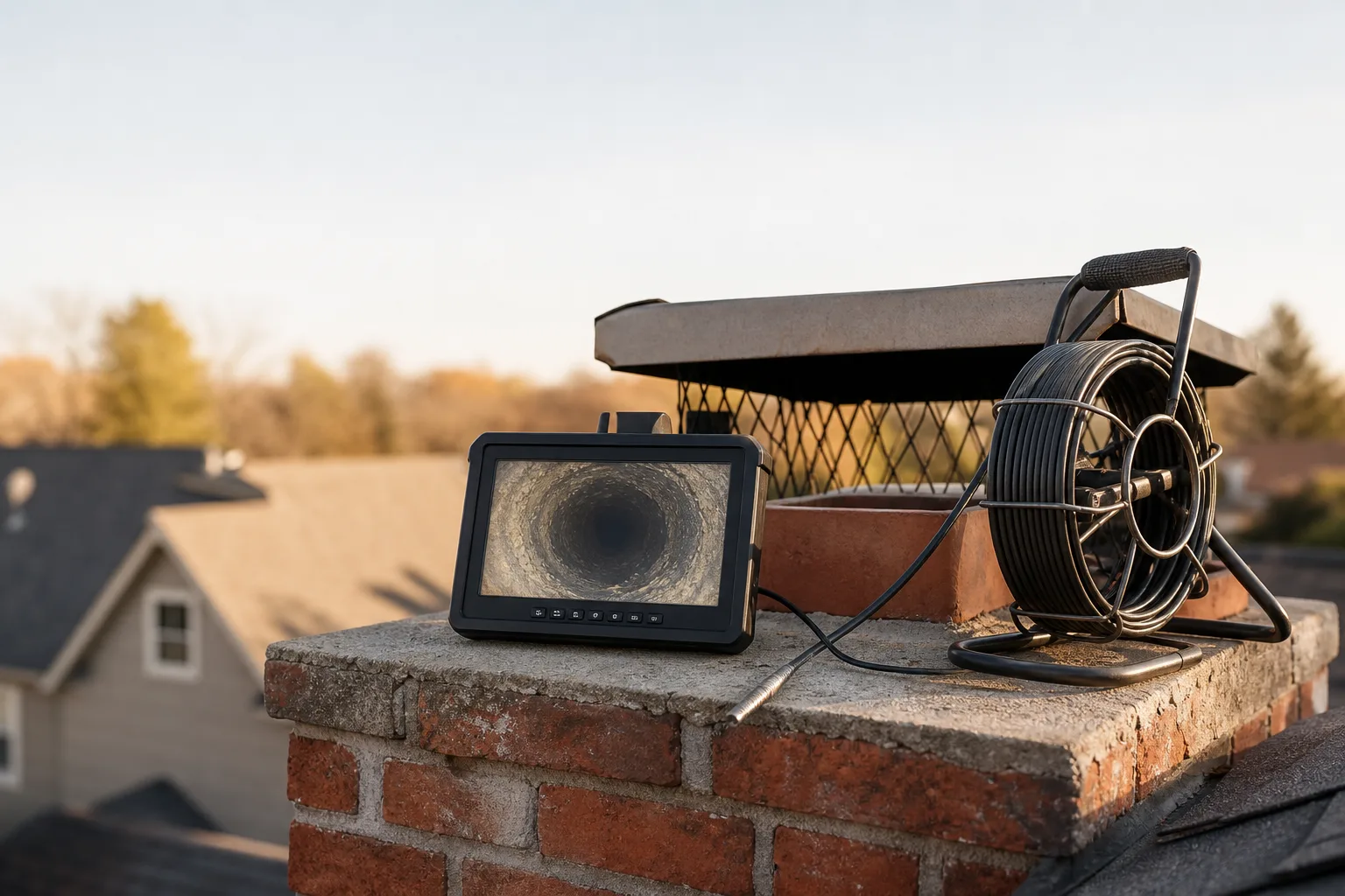 Inspection monitor on a roof displaying the flue interior, camera reel and cable nearby