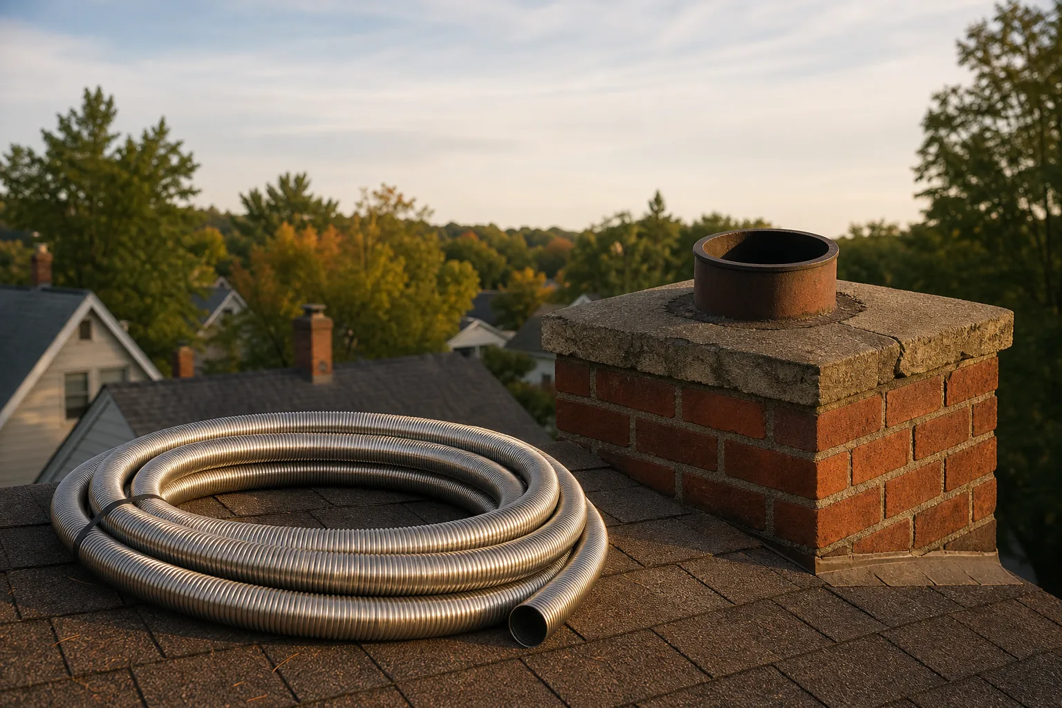 Coil of stainless flexible chimney liner on a rooftop beside the open flue