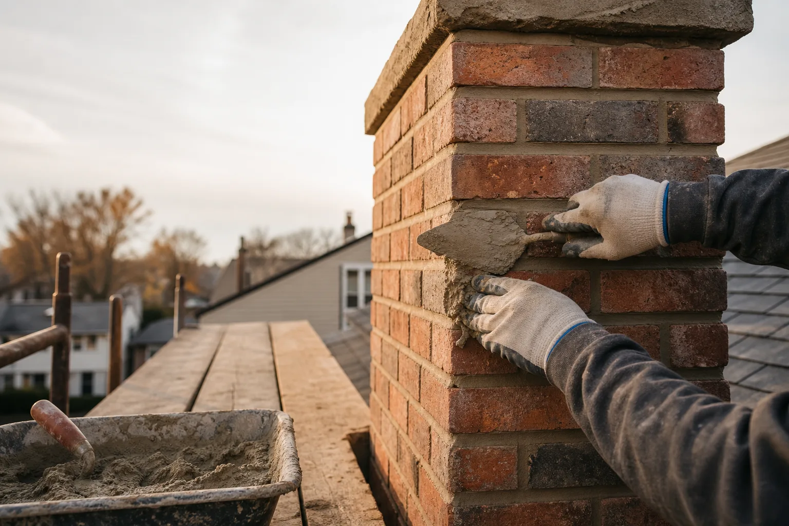 Gloved mason pressing fresh mortar into brick chimney joints with a pointing trowel