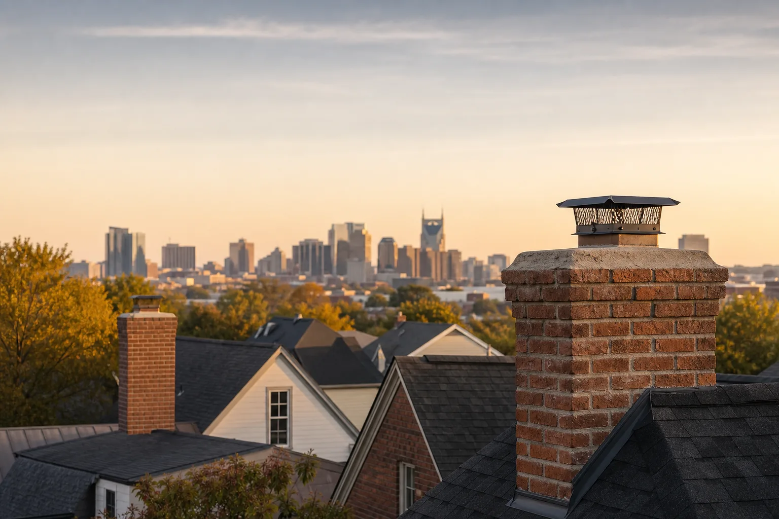 Brick chimneys on Nashville rooftops with the distant downtown skyline beyond