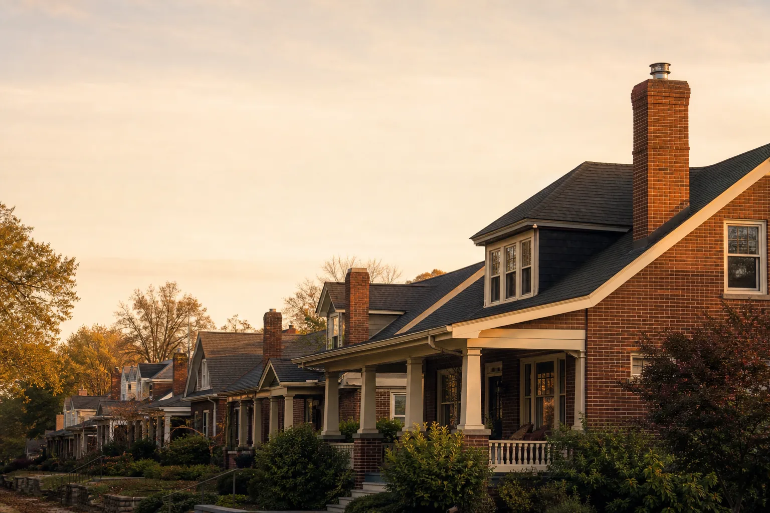 Nashville brick homes with wide porches and chimneys in warm afternoon light Nashville brick homes with wide porches and chimneys in warm afternoon light