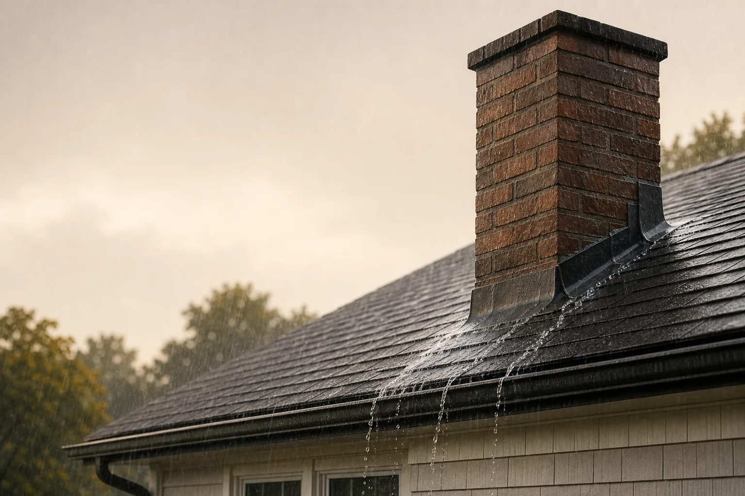 Heavy rain streaming off the flashing around a brick chimney on shingles