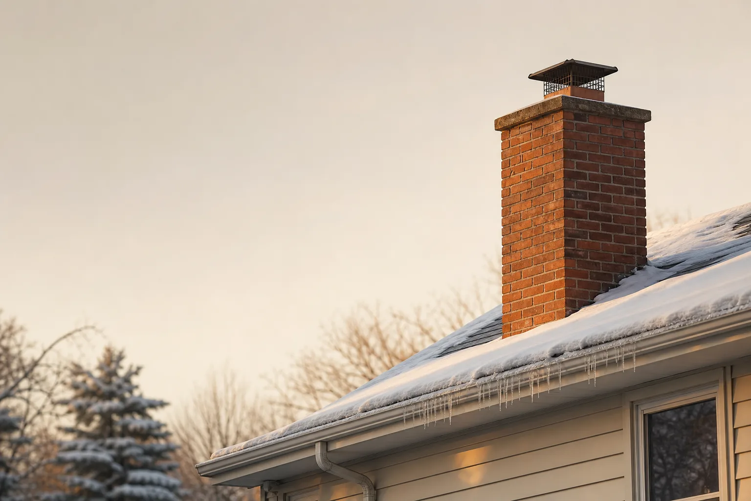 Brick chimney rising from a snow-covered rooftop with icicles along the gutter Brick chimney rising from a snow-covered rooftop with icicles along the gutter