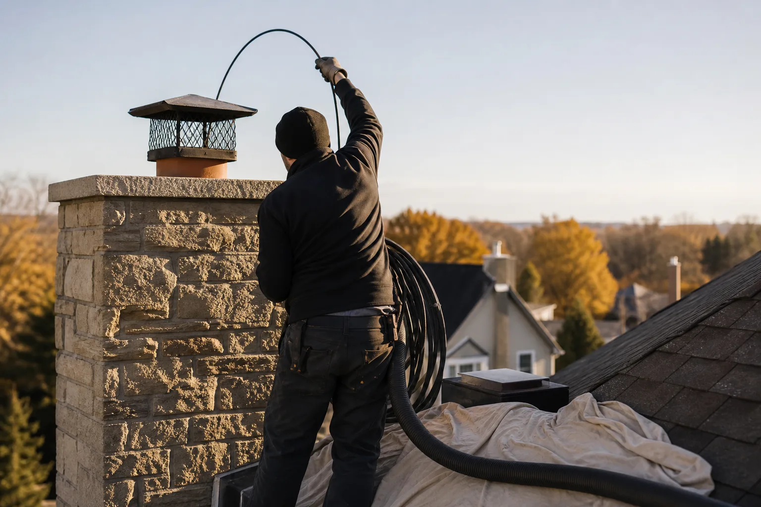 Chimney sweep on a rooftop feeding brush rods down a flue beside a vacuum hose