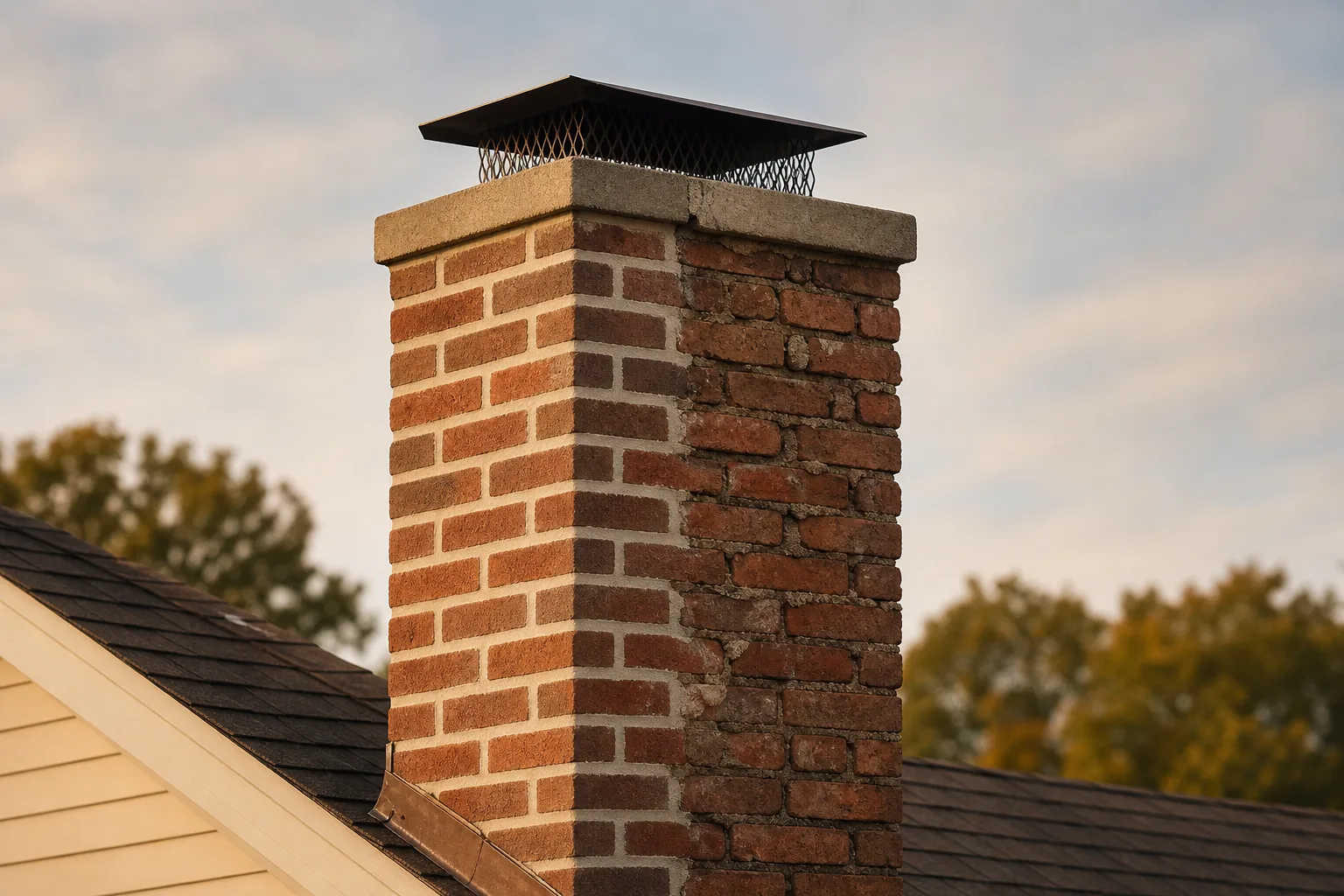 Half-tuckpointed brick chimney with crisp new mortar beside crumbling eroded joints Half-tuckpointed brick chimney with crisp new mortar beside crumbling eroded joints