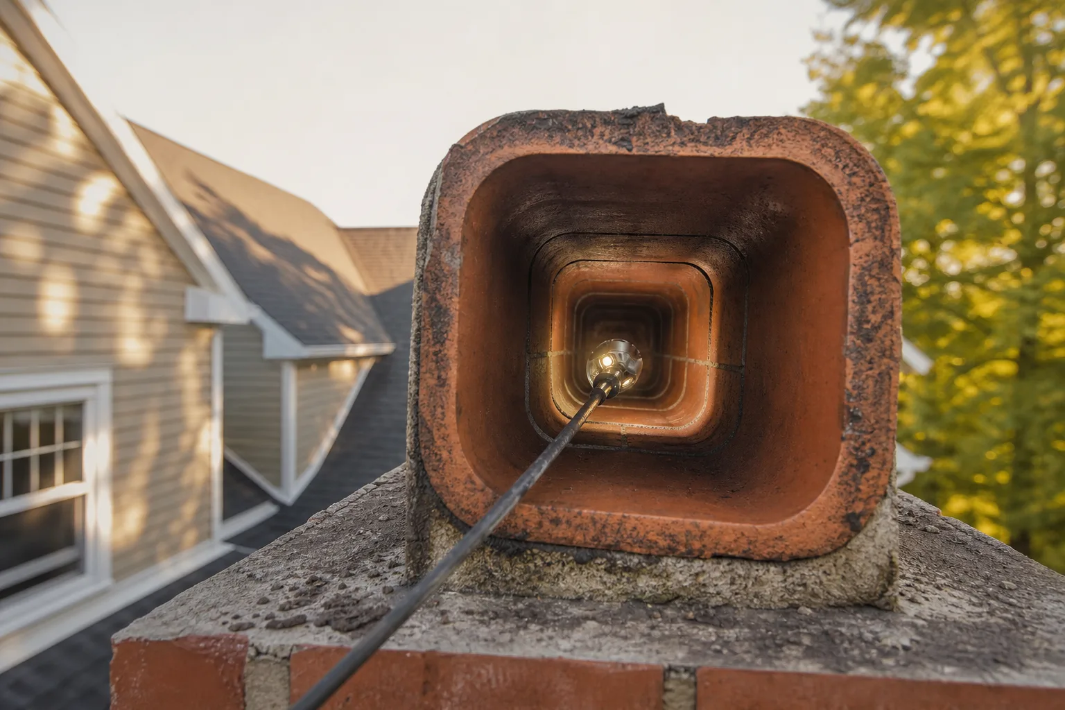 Flue camera head on its cable entering a clay tile liner, joints lit brightly