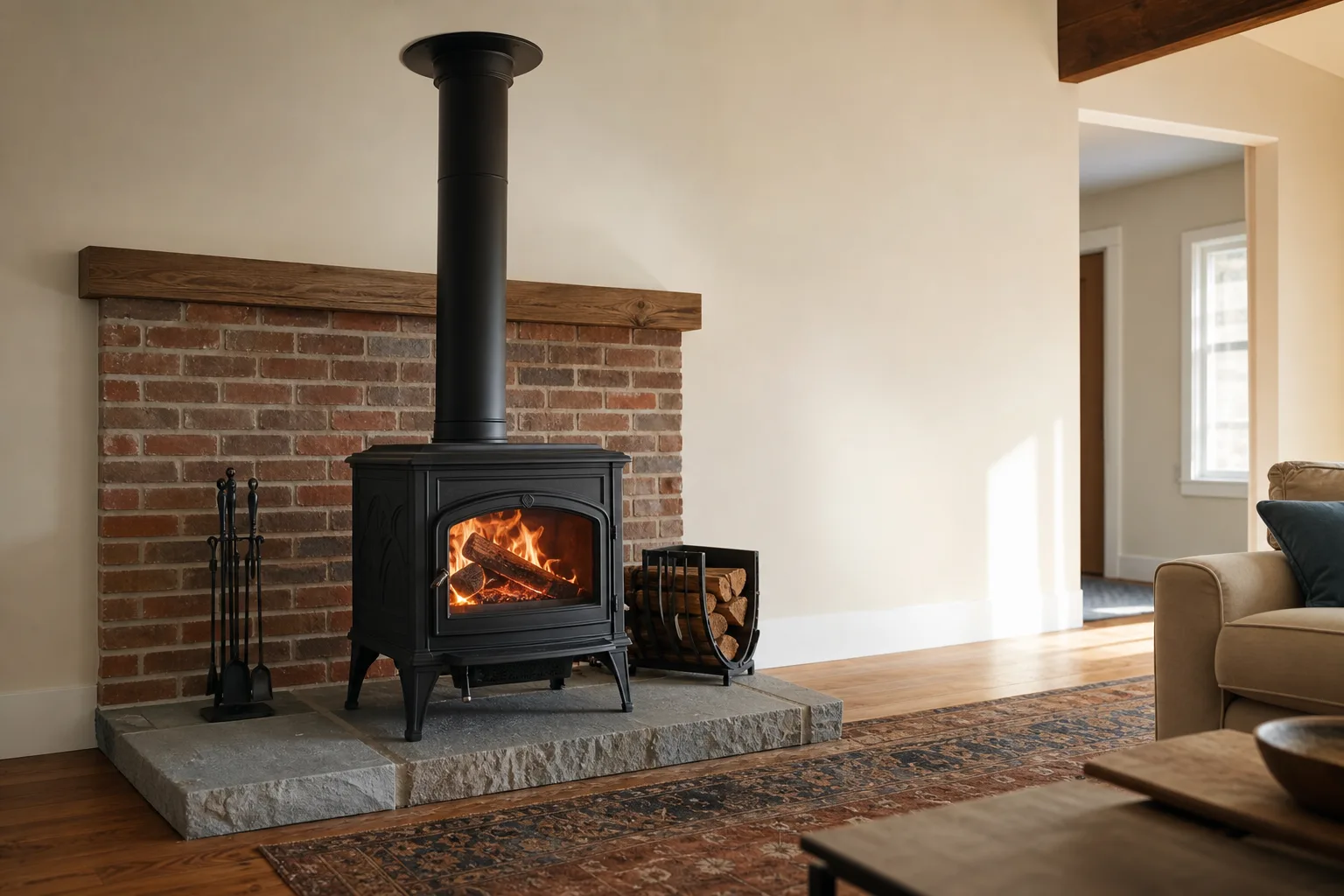 Cast iron wood stove burning on a hearth pad with black flue pipe to ceiling