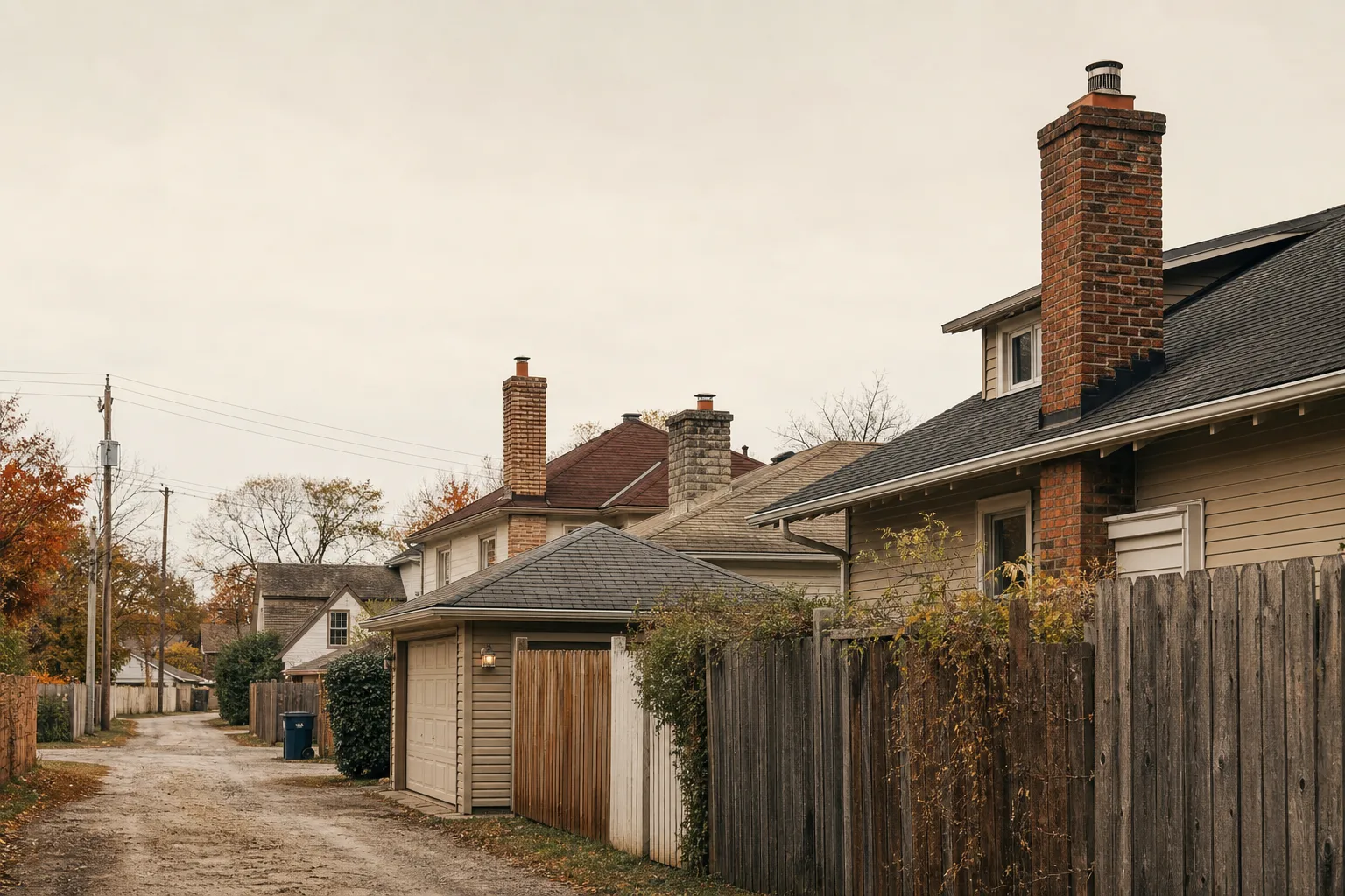 Back lane with garages and fences, chimney stacks rising above rear rooflines under overcast sky Back lane with garages and fences, chimney stacks rising above rear rooflines under overcast sky