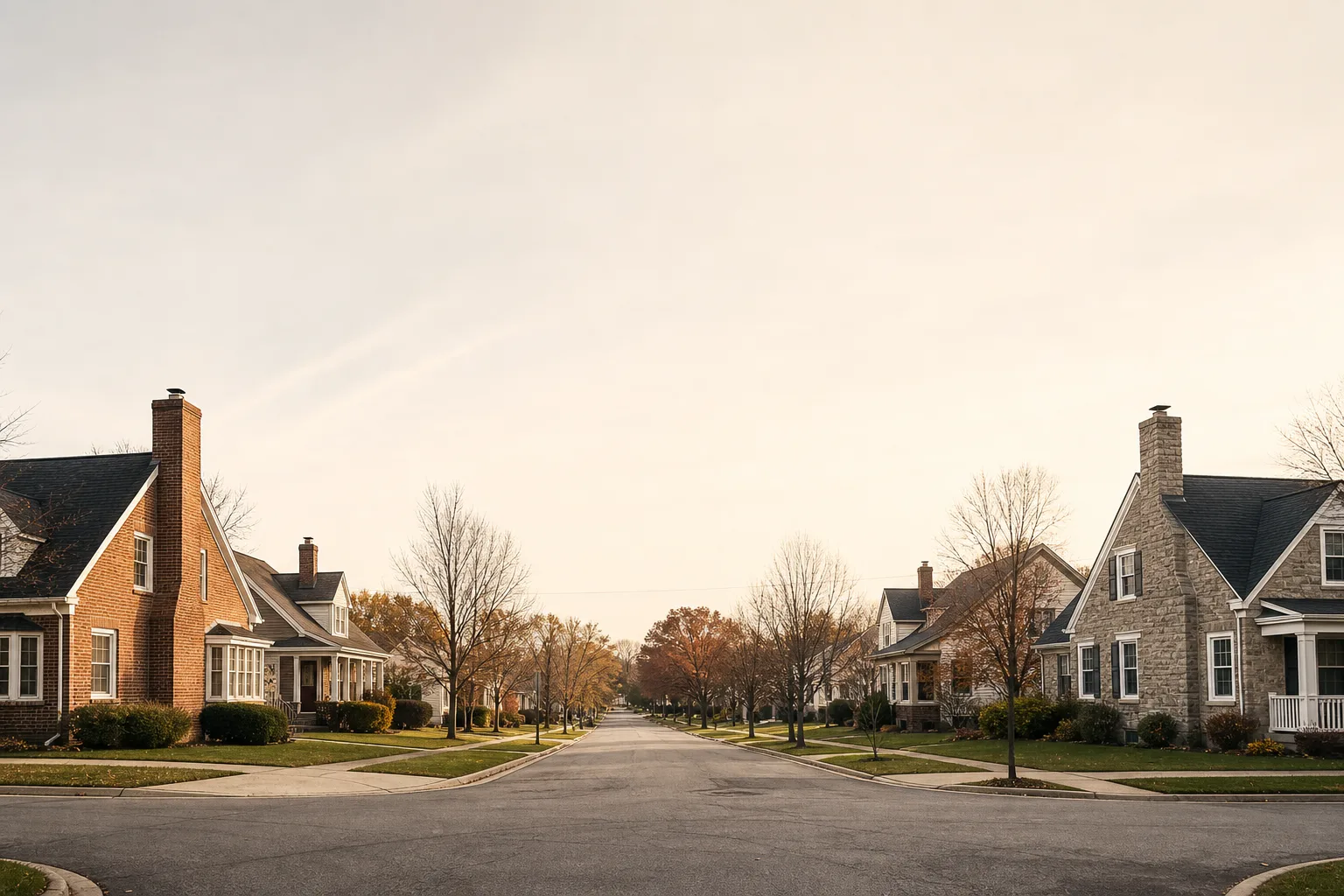 Neighborhood junction with houses on all four corners and a chimney on each roofline
