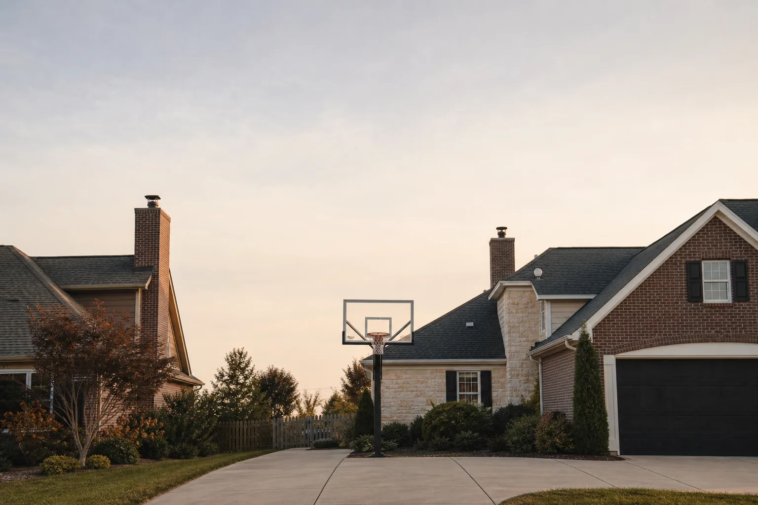 Suburban street with a driveway basketball hoop and chimneys on rooflines either side