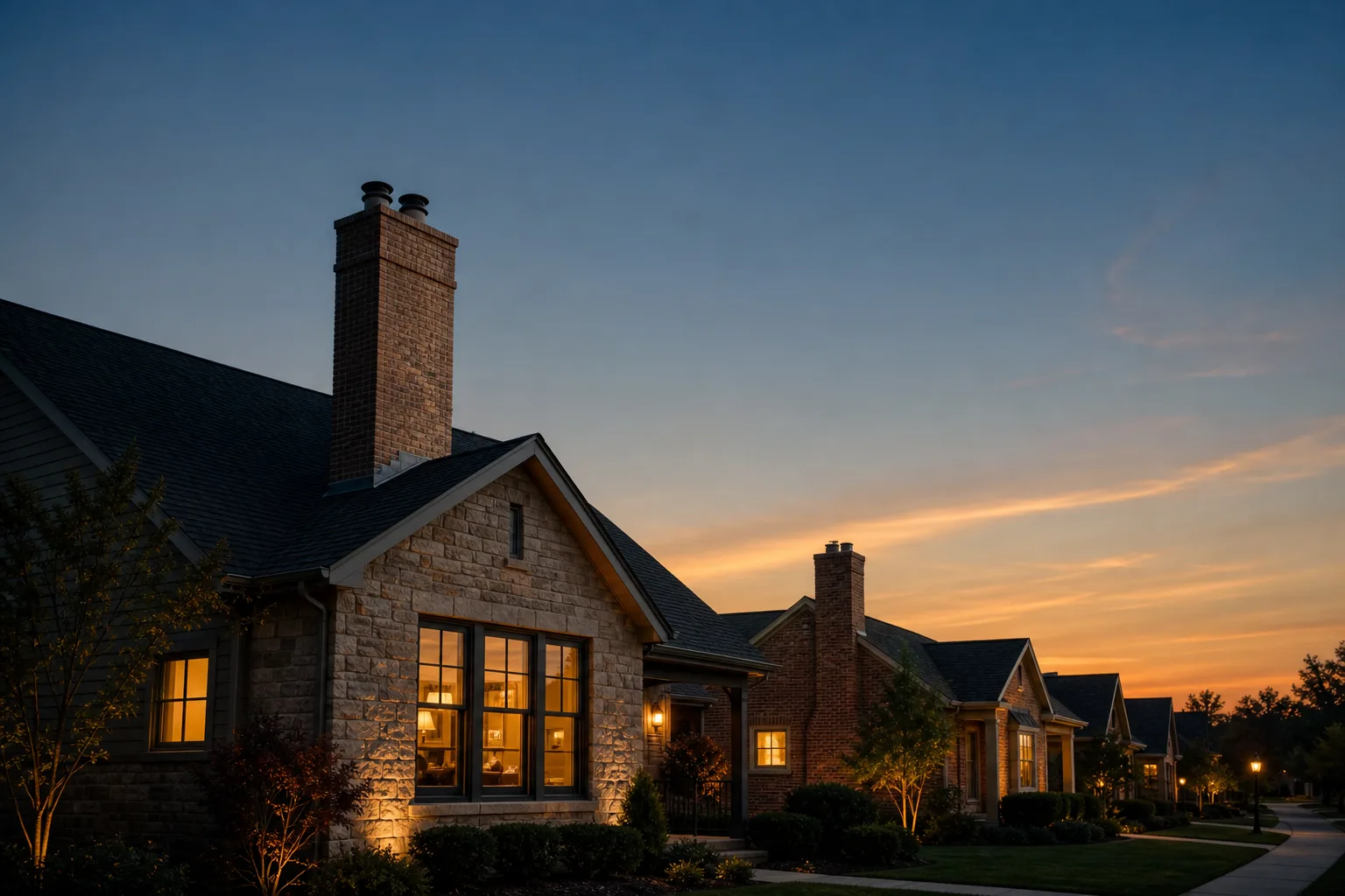 Chimney stacks silhouetted against a deep blue dusk sky above lit house windows Chimney stacks silhouetted against a deep blue dusk sky above lit house windows