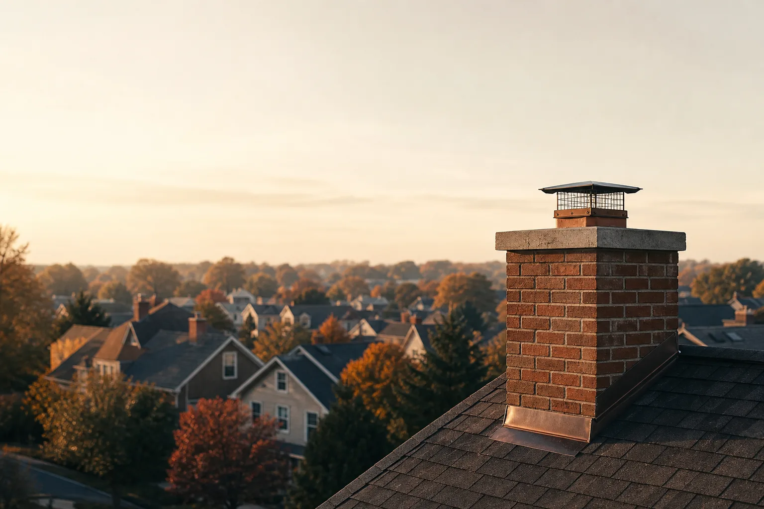 Elevated view across dozens of neighbourhood rooflines and brick chimneys fading into haze