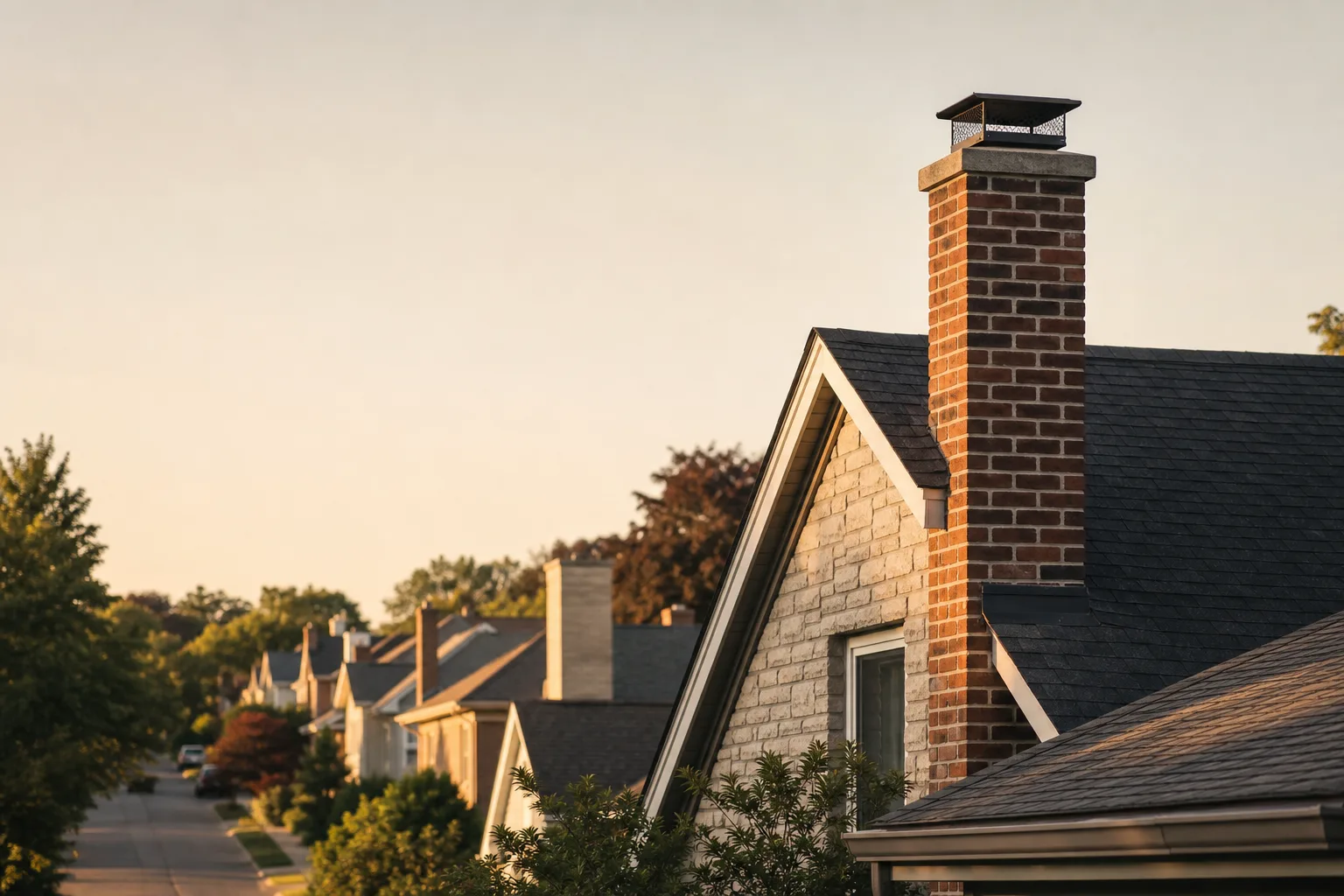 Residential street climbing a gentle hill with stepped rooflines and chimneys in afternoon shadow Residential street climbing a gentle hill with stepped rooflines and chimneys in afternoon shadow