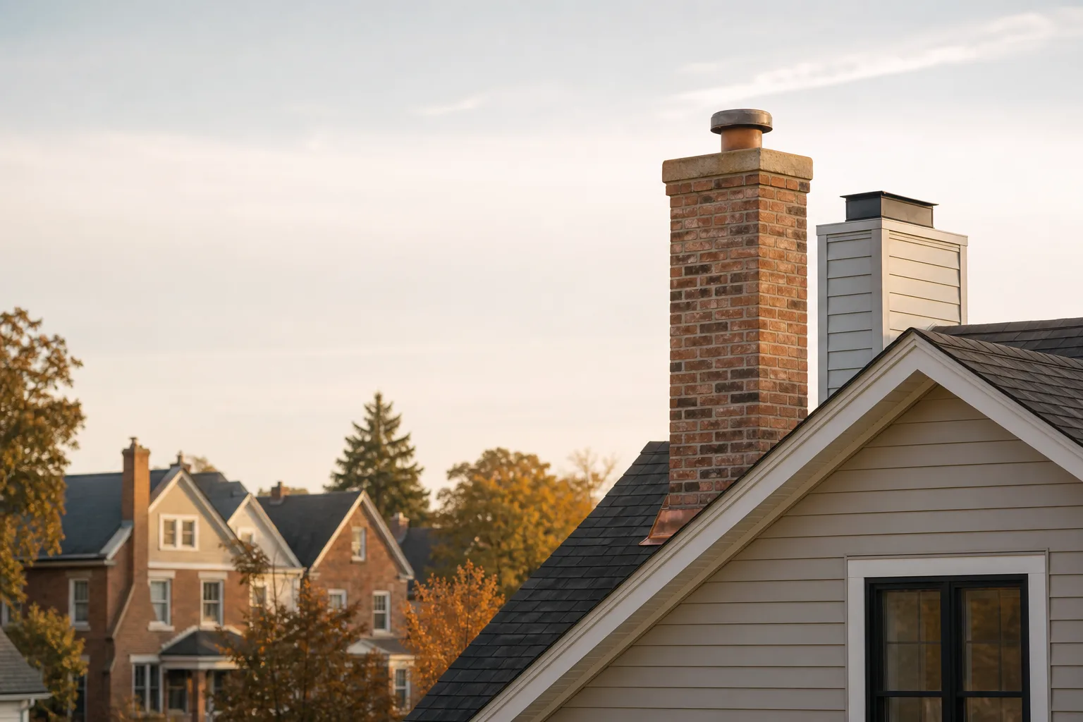 Older brick chimneys beside newer sided chimney chases on a mixed-era block Older brick chimneys beside newer sided chimney chases on a mixed-era block