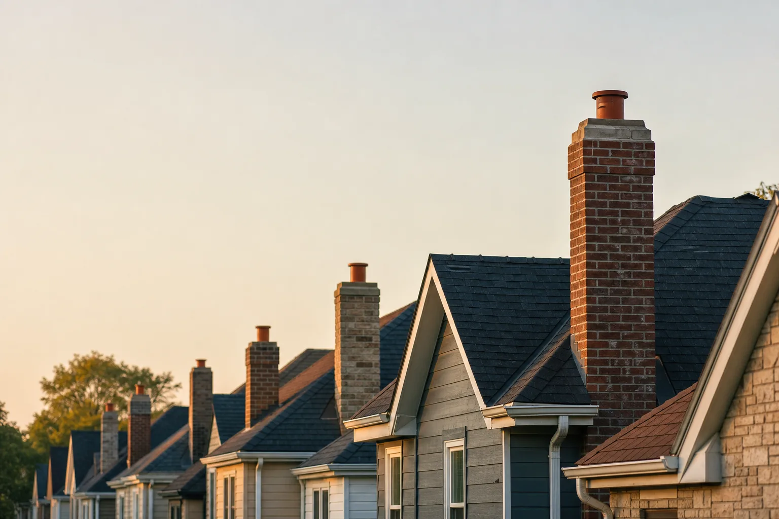 Closely spaced houses on narrow lots with chimney stacks alternating along the row