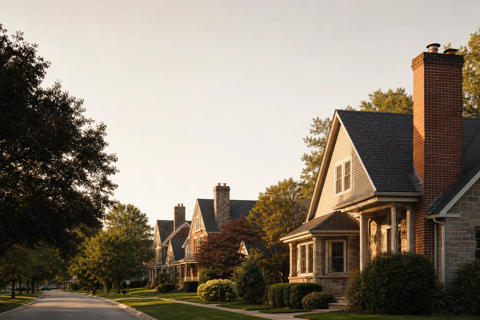 Tree-lined residential street with brick chimneys on the rooflines of houses either side Tree-lined residential street with brick chimneys on the rooflines of houses either side