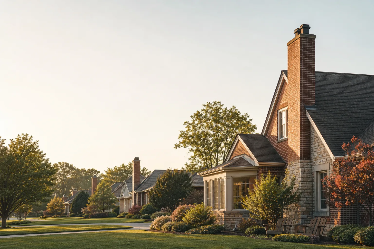 Detached houses set back behind wide lawns, brick chimneys catching soft morning light Detached houses set back behind wide lawns, brick chimneys catching soft morning light