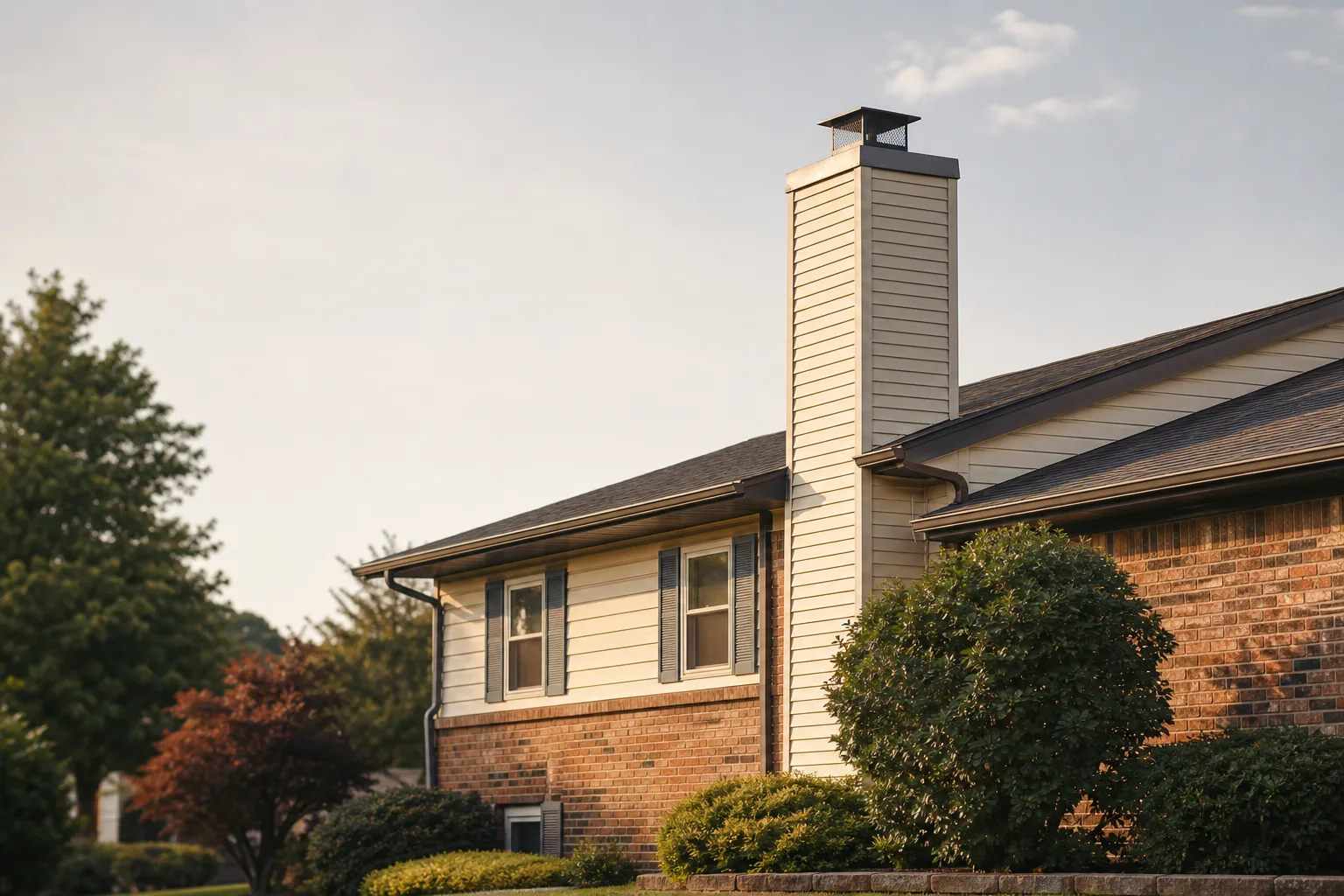 1980s split-level home with a sided chimney chase and metal chase cover 1980s split-level home with a sided chimney chase and metal chase cover