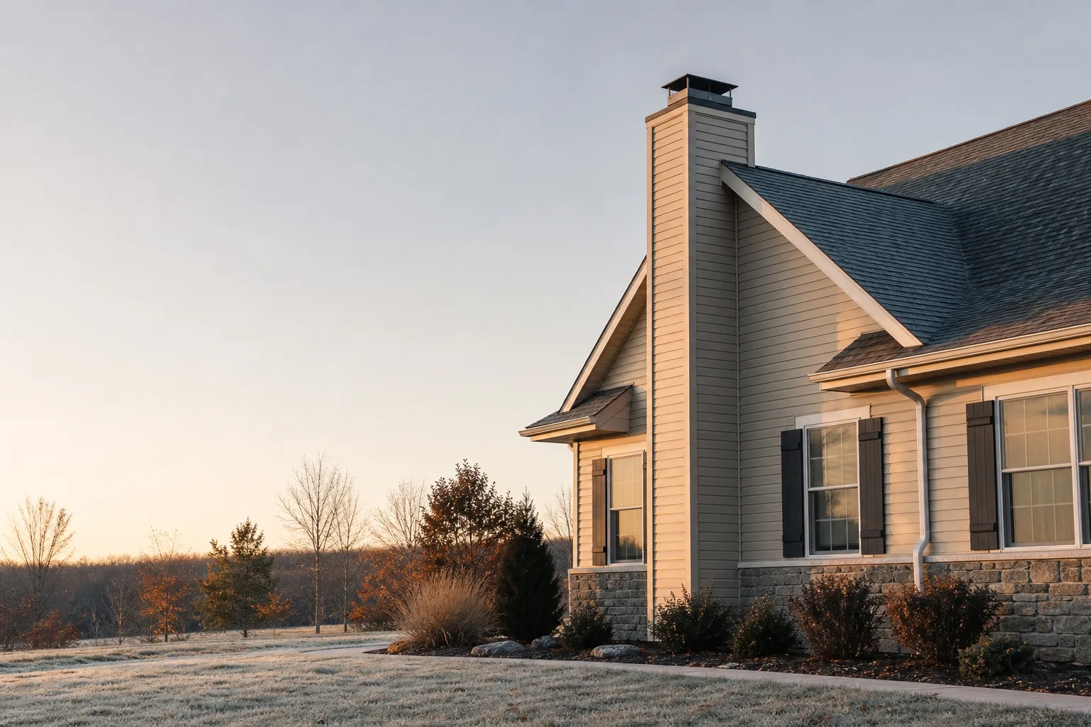 New home on a frosty morning with a sided chimney chase and metal cover