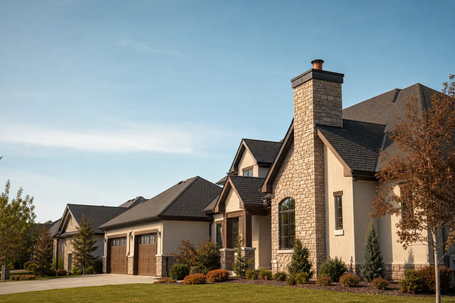 Newer stucco suburban home with a stone-faced chimney beside a wide driveway