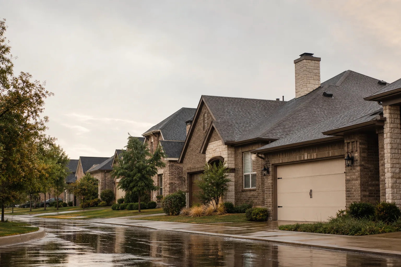 Rain-soaked newer suburban street with a chimney chase above a garage roof Rain-soaked newer suburban street with a chimney chase above a garage roof