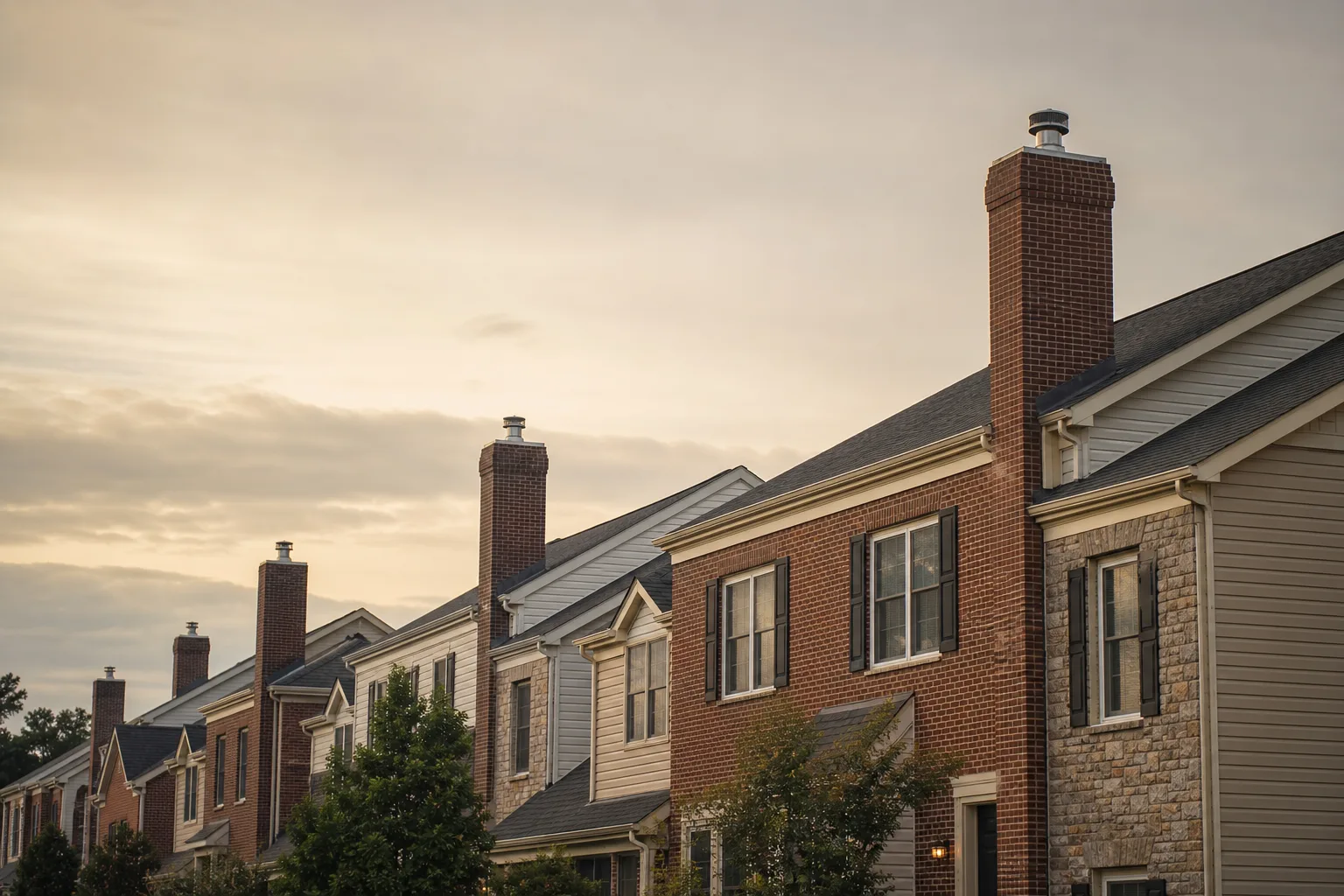 Row of modern brick and sided townhouses with chimney chases along the roofline Row of modern brick and sided townhouses with chimney chases along the roofline