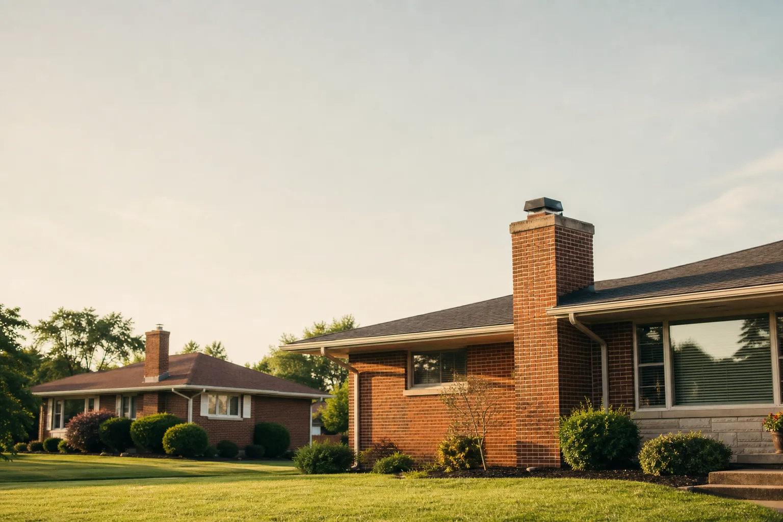 Two mid-century brick ranch houses with wide eaves and squat brick chimneys Two mid-century brick ranch houses with wide eaves and squat brick chimneys