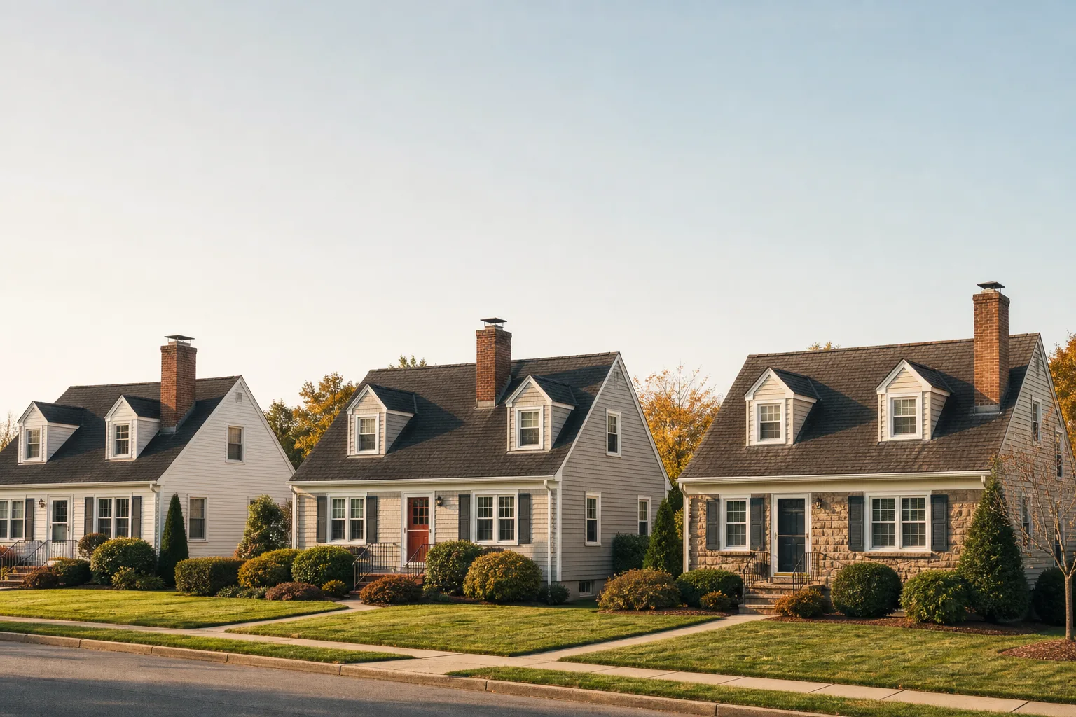 Three Cape Cod houses side by side with roof dormers and central chimneys Three Cape Cod houses side by side with roof dormers and central chimneys