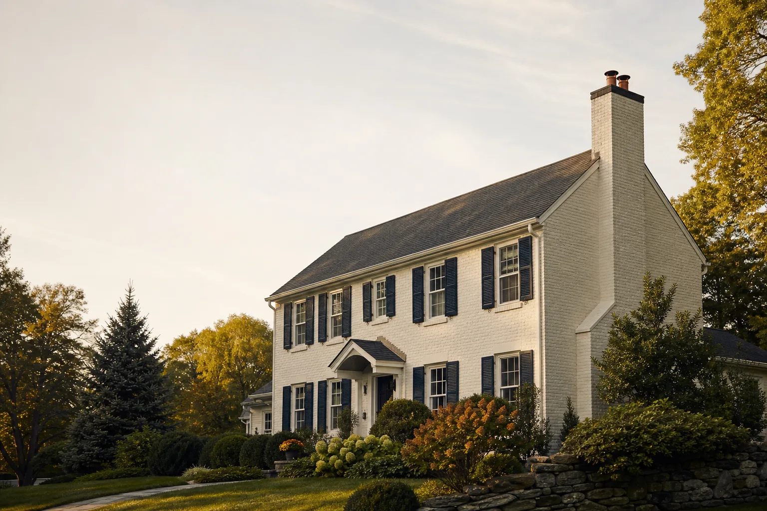Two-storey painted brick colonial with shuttered windows and an end-wall chimney