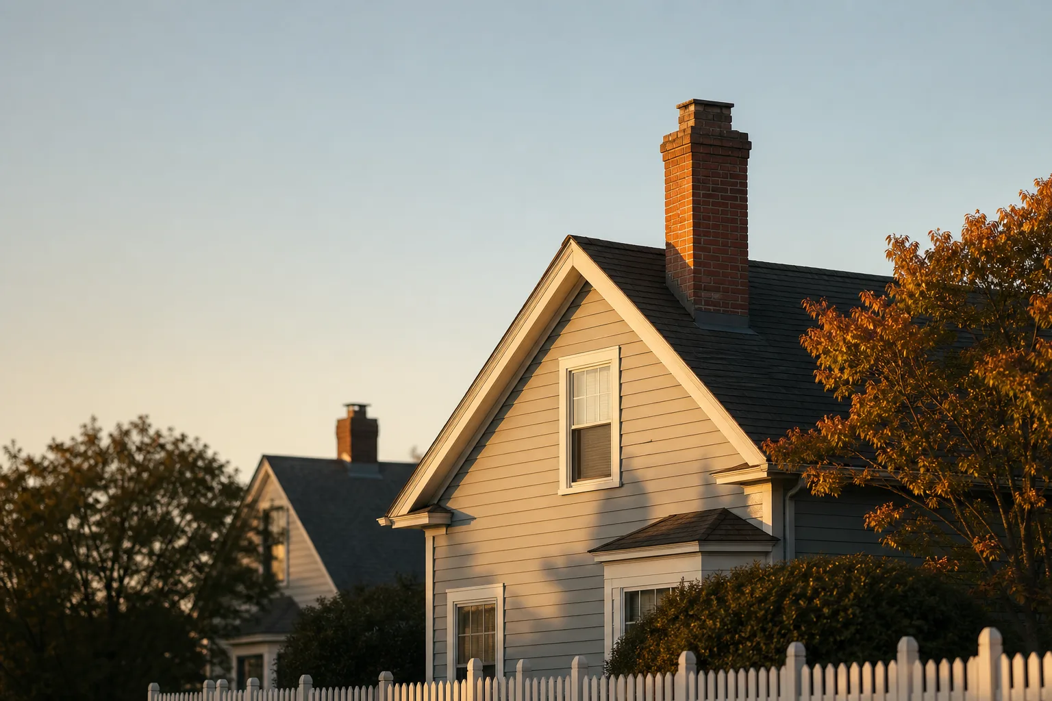 Gable-front wooden houses with brick chimneys through the ridge behind picket fencing Gable-front wooden houses with brick chimneys through the ridge behind picket fencing