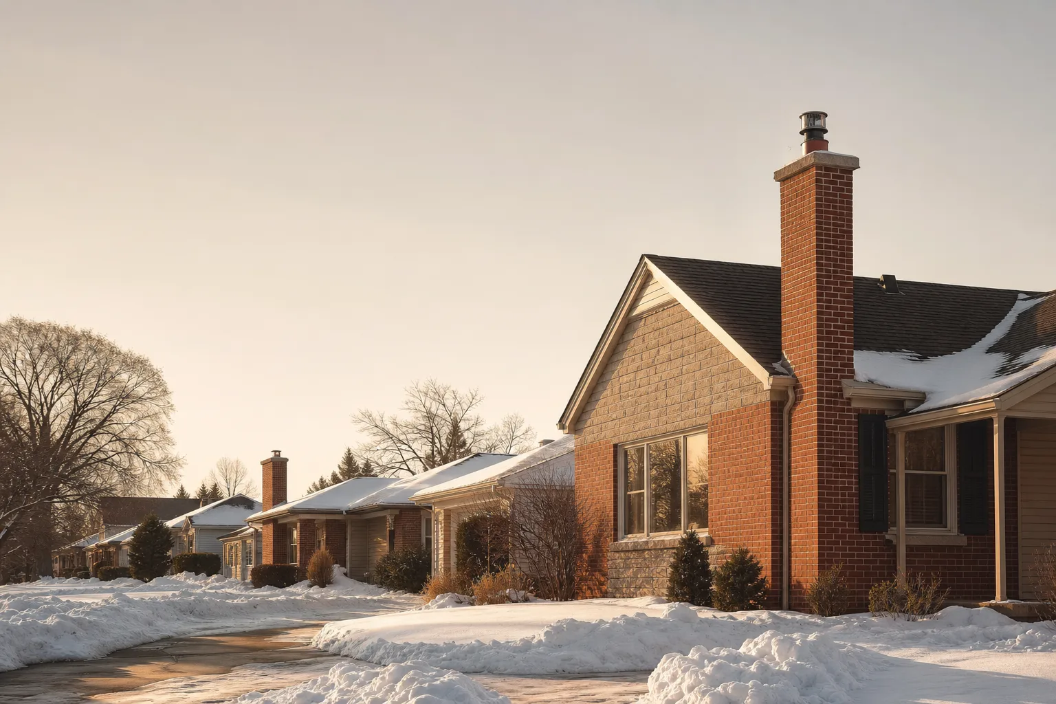Older suburban street after fresh snow, brick chimneys above snow-covered roofs Older suburban street after fresh snow, brick chimneys above snow-covered roofs