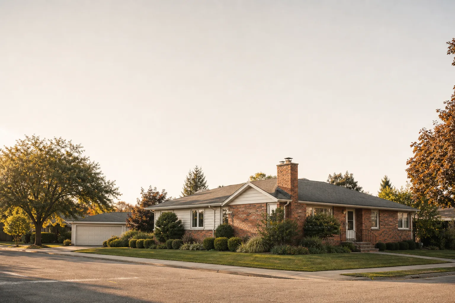 Post-war corner-lot house with a low brick chimney and detached garage Post-war corner-lot house with a low brick chimney and detached garage